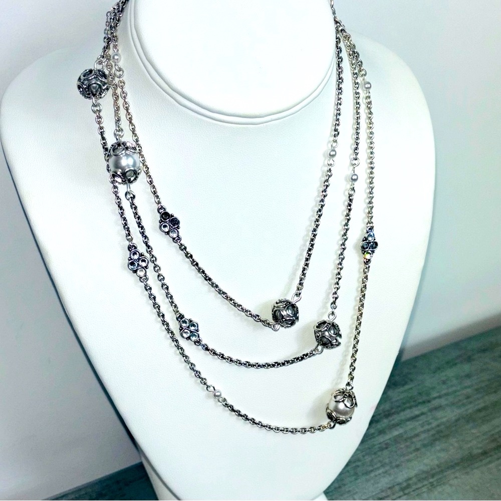 Vintage Premier Designs Extra Long Silver Tone Faux Pearl Beaded Necklace